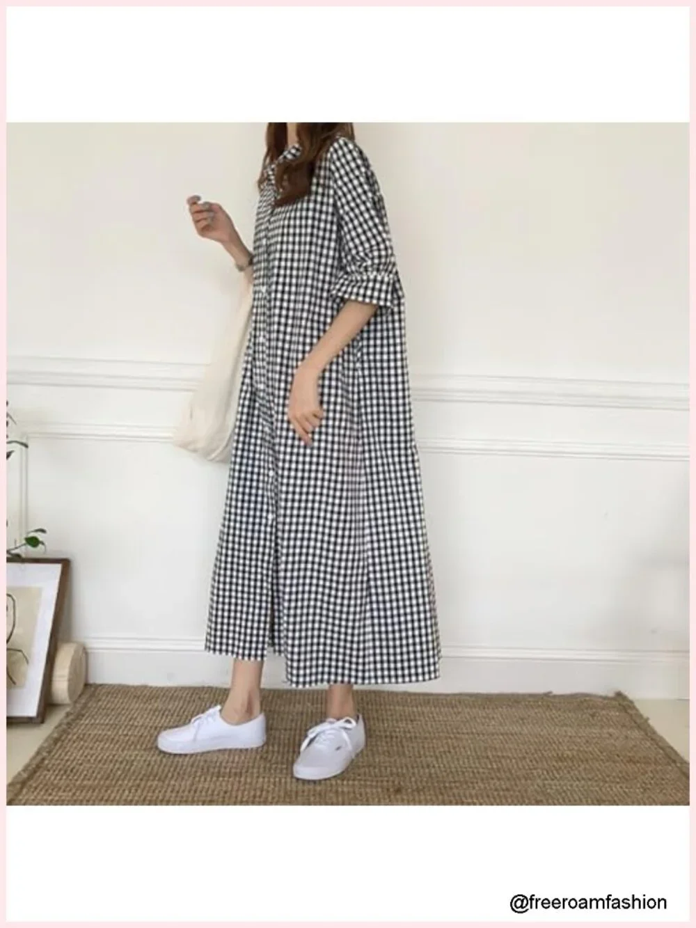 Women's Summer Casual Short Sleeve Cotton Gingham Midi Shift Dress